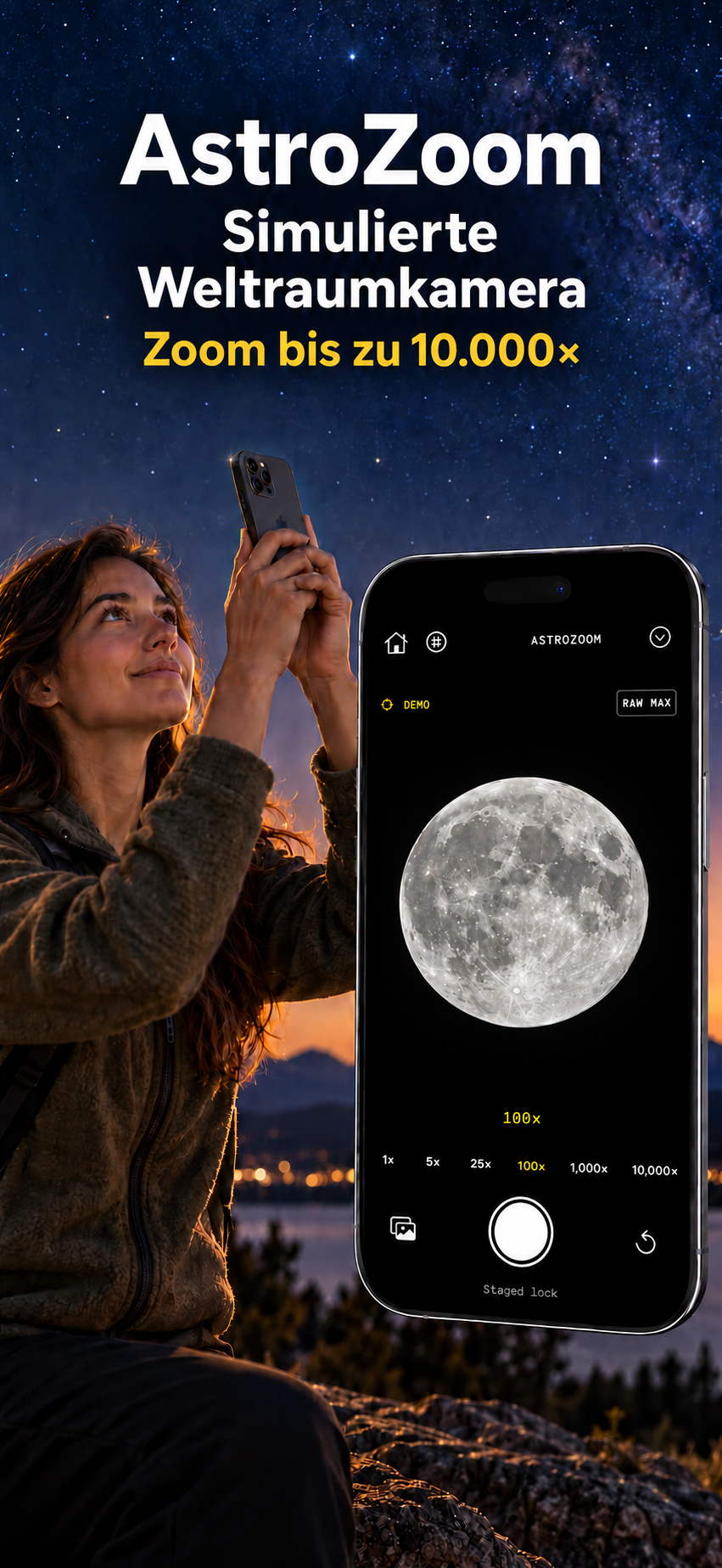 Frau verwendet AstroZoom neben einer Appansicht mit vollständig sichtbarem Mond und dem Text Simulierte Weltraumkamera
