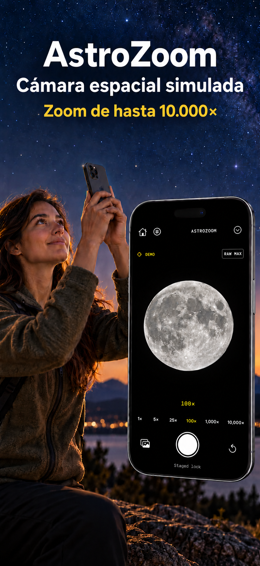 Mujer usando AstroZoom junto a una vista de la app con la Luna completa y el texto Cámara espacial simulada