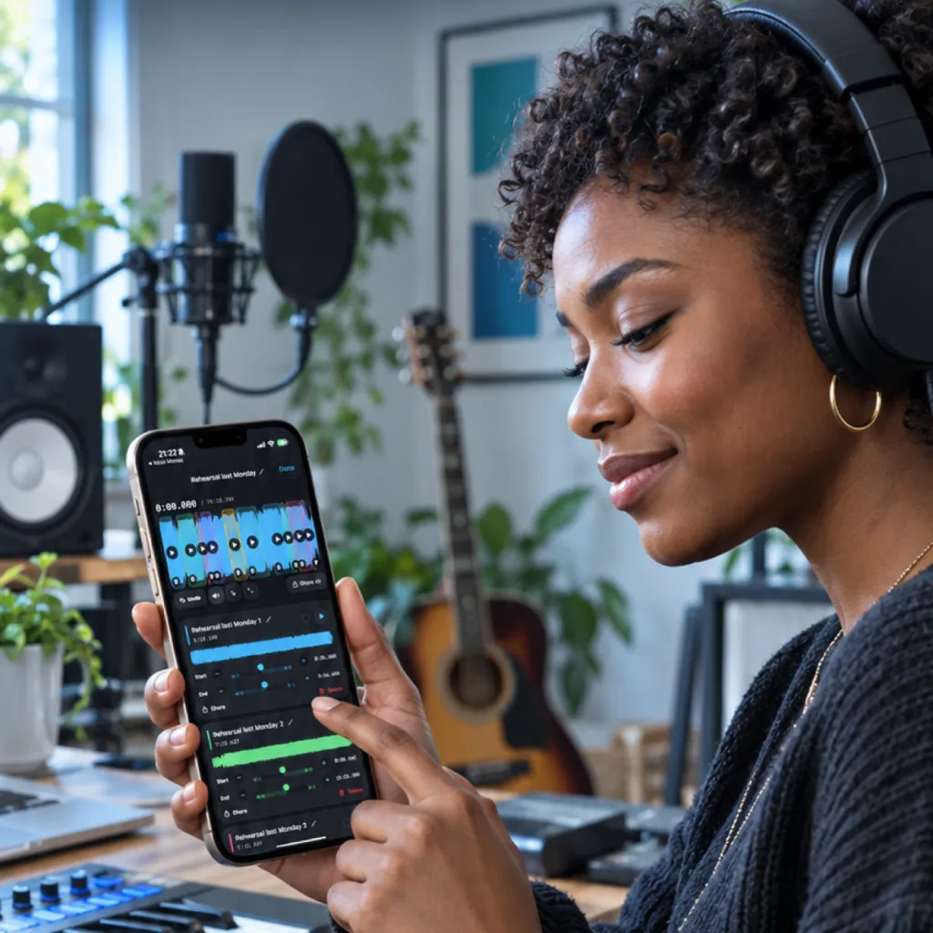 Illustrative scene of a music producer reviewing audio clips on her phone in a home studio