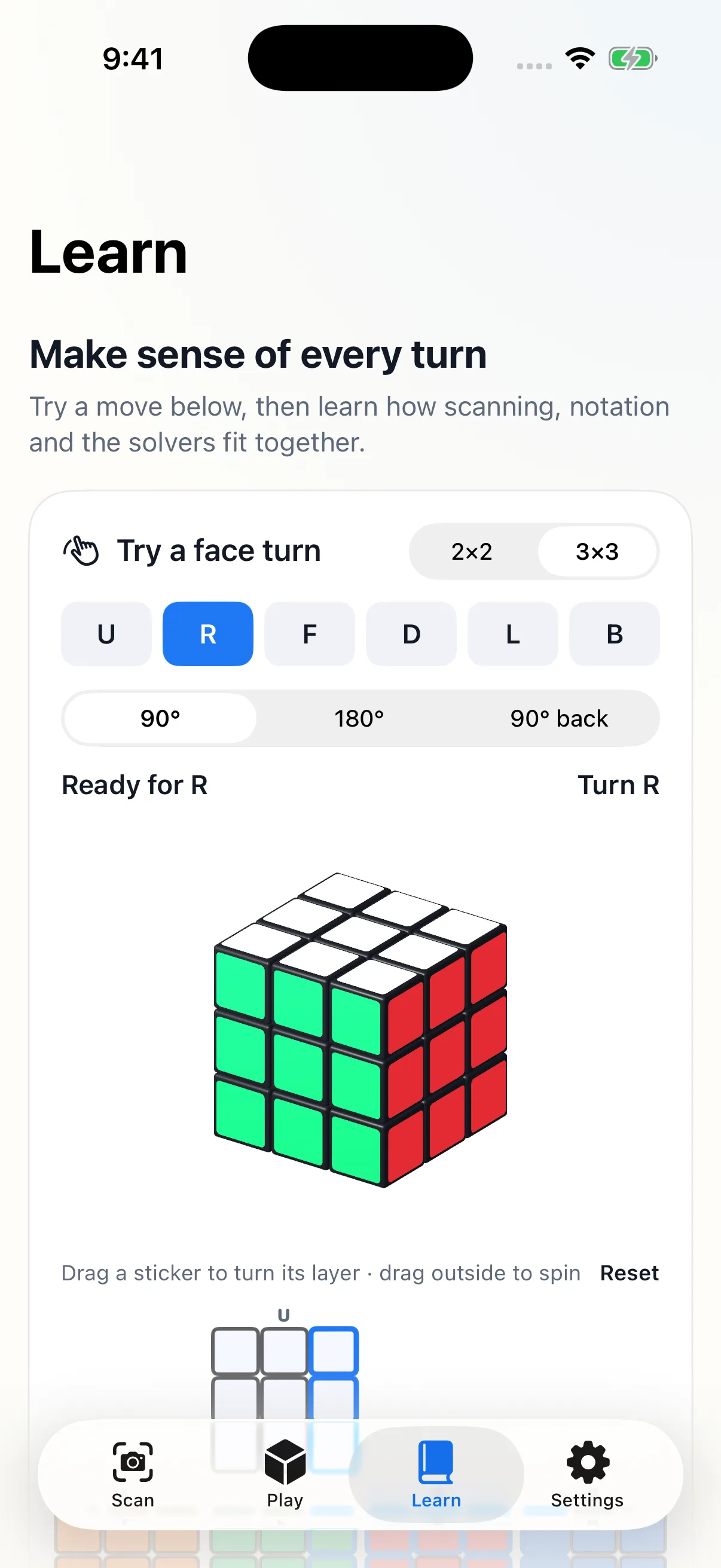 Current Cube Solver Learn screen with an interactive 3D cube, face-turn controls and unfolded cube map