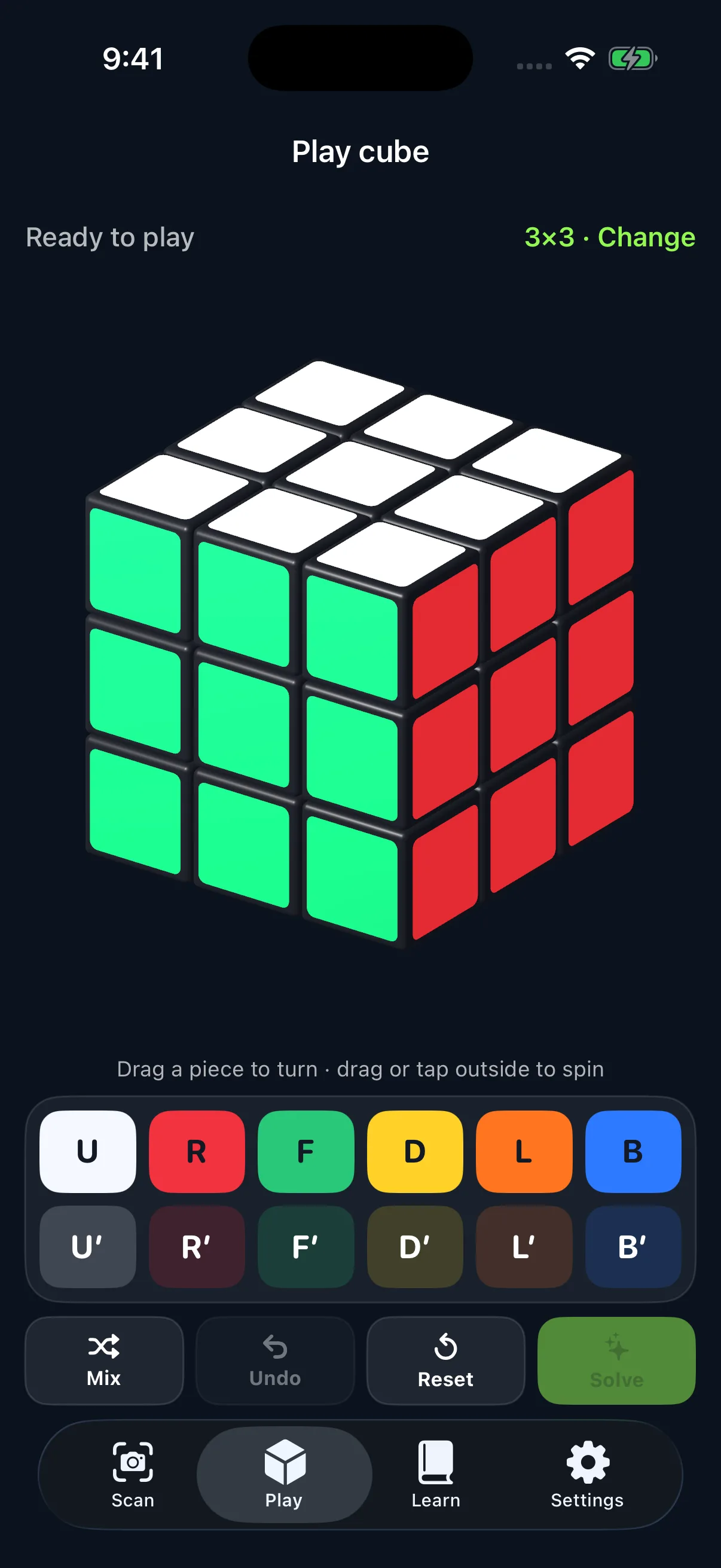 Current Cube Solver Play screen with a large 3D cube, face-turn pad, Mix, Undo, Reset and Solve controls