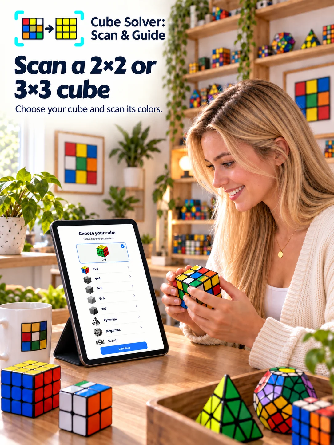 A woman using Cube Solver on an iPad beside a physical cube in a room with a cube collection