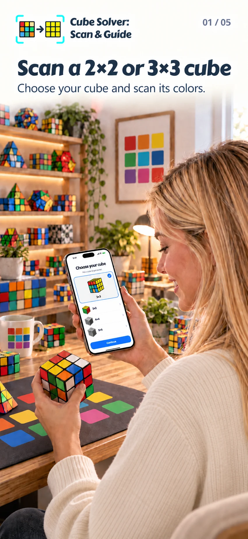 A woman in a plain cream sweater choosing a cube in Cube Solver on her iPhone while holding a physical cube