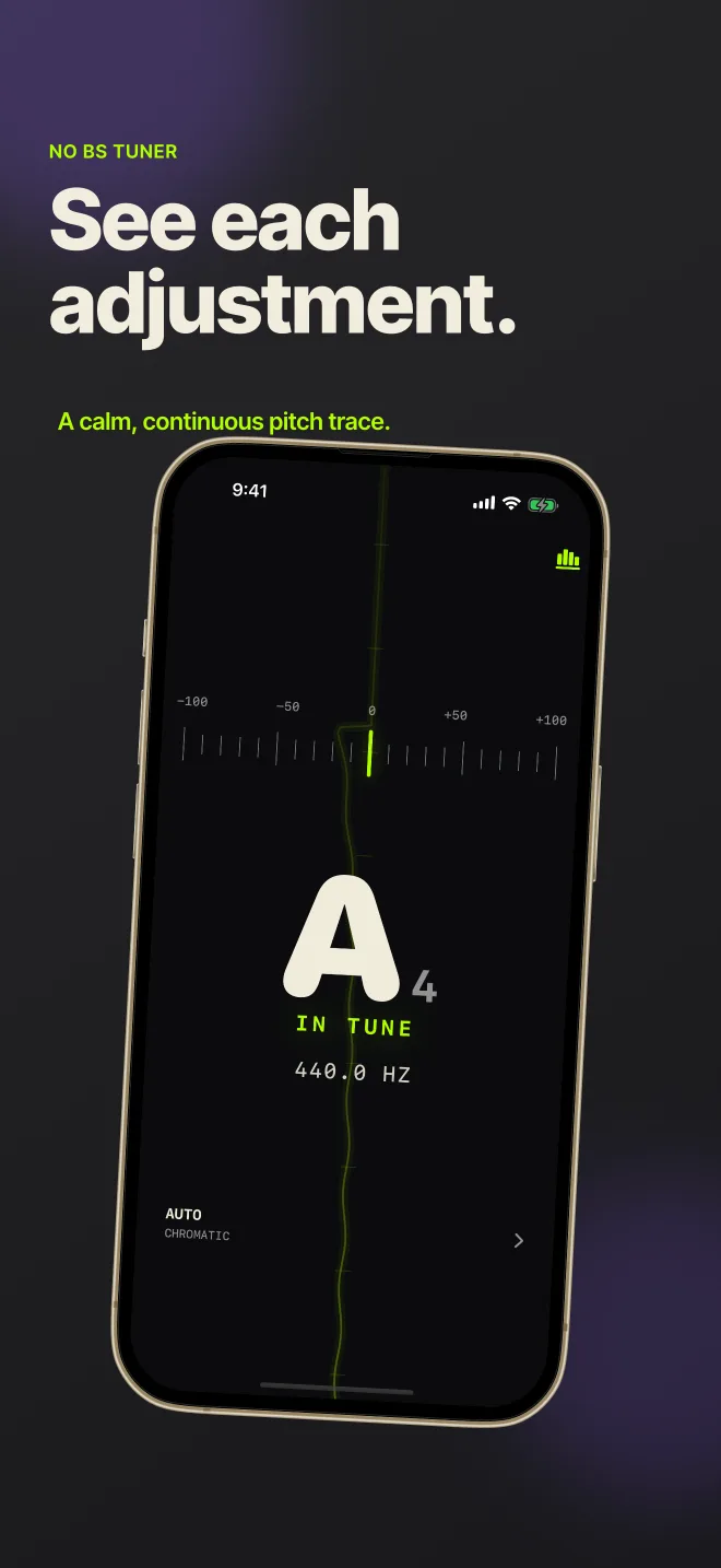 Barebones Tuner settings with guitar, bass, ukulele, violin, and A4 reference controls